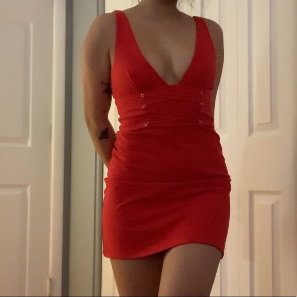 Red deep-v neck Zara dress